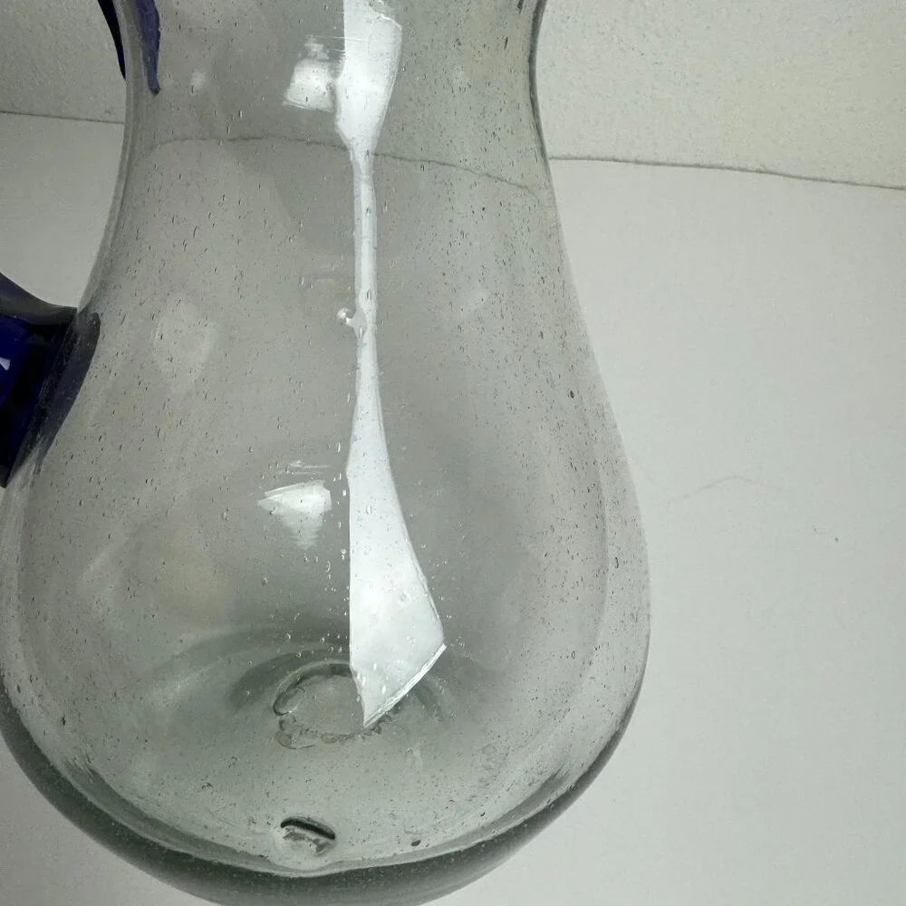 Vintage Hand Blown Cobalt Blue Rim Handle Glass Pitcher